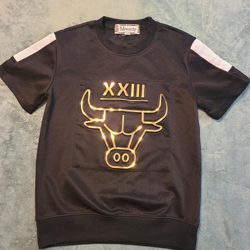 womens Black & white and gold vintage inspired 90s jersey with white stripes